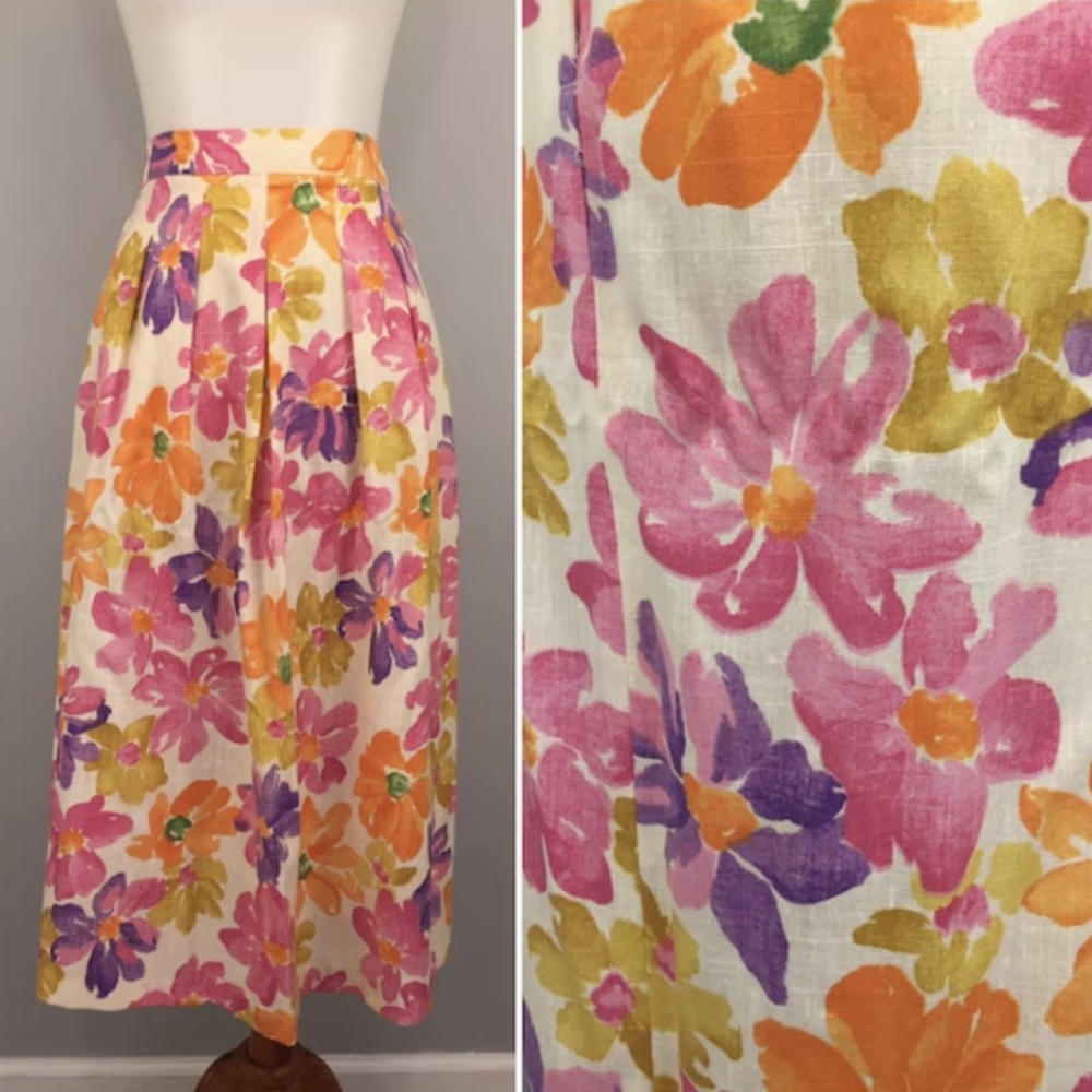 Vintage floral belted pleated polyester skirt sz 10 USA Laurissa *B - Picture 2 of 7